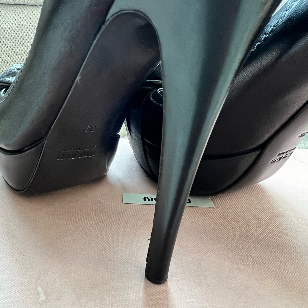 Miu Miu Peep Toe Nappa Bow Washed Platform Heel - image 7